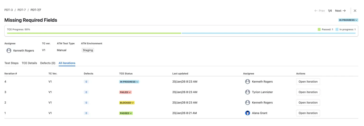 Test Case Execution dialog lists all iterations along with such details like test case version, status, last update and a possibility to open past iterations.