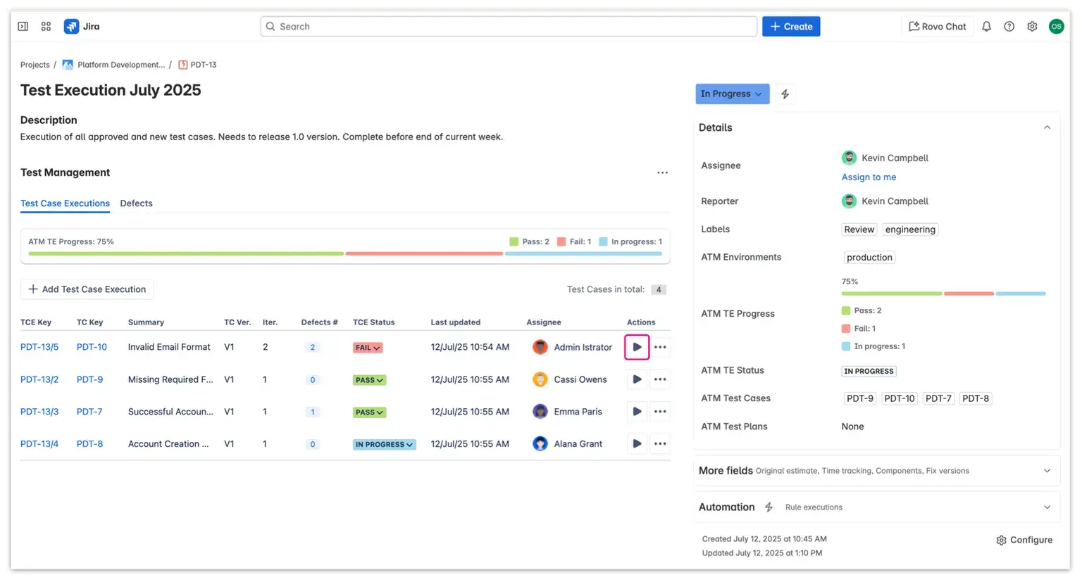 Accessing Test Case Execution by clicking the player button of a TCE of choice (items are listed in the Test Management panel in the Jira Test Execution issue).