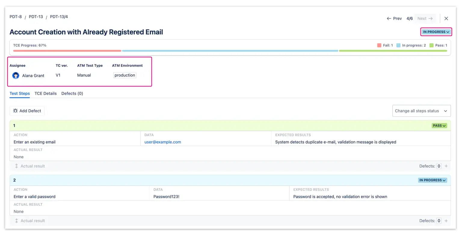 Test Case Execution dialog window with TCE details highlighted - assignee, TC version, test type and environment.