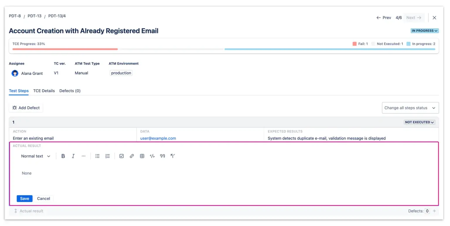 Adding actual results of the testing process in Test Case Execution dialog.