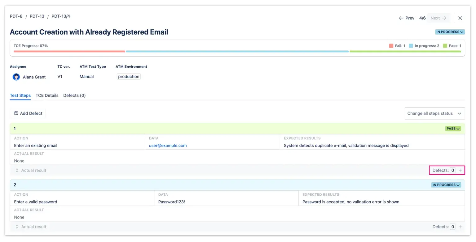 Adding Defects from a test step in Test Case Execution dialog window is possible with a button available at every step.