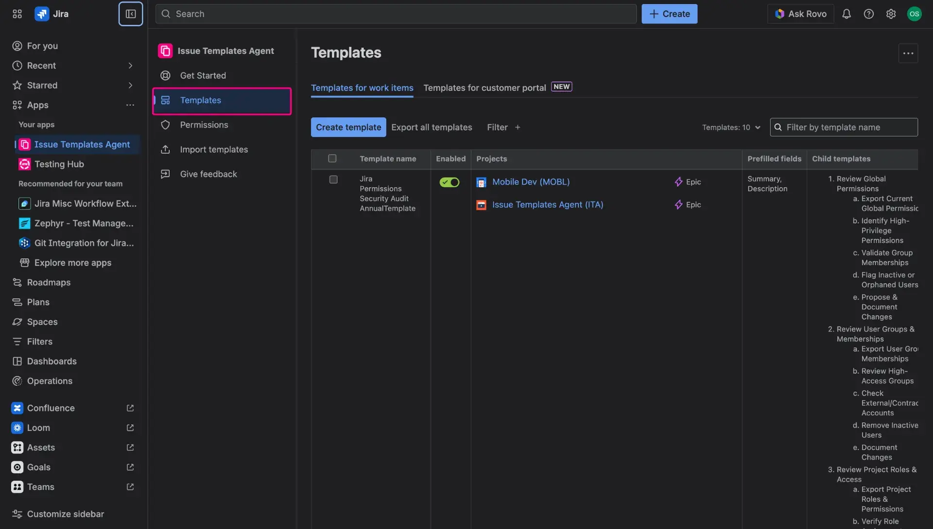 Template library page in Jira Issue Templates Agent.
