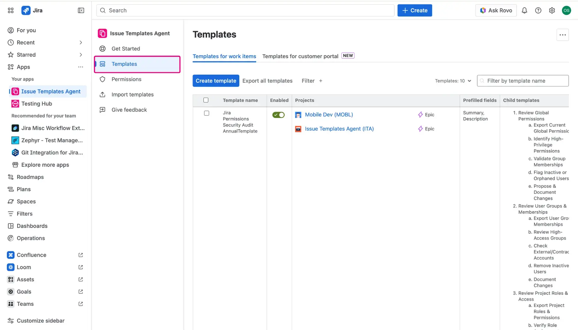 Template library page in Jira Issue Templates Agent.
