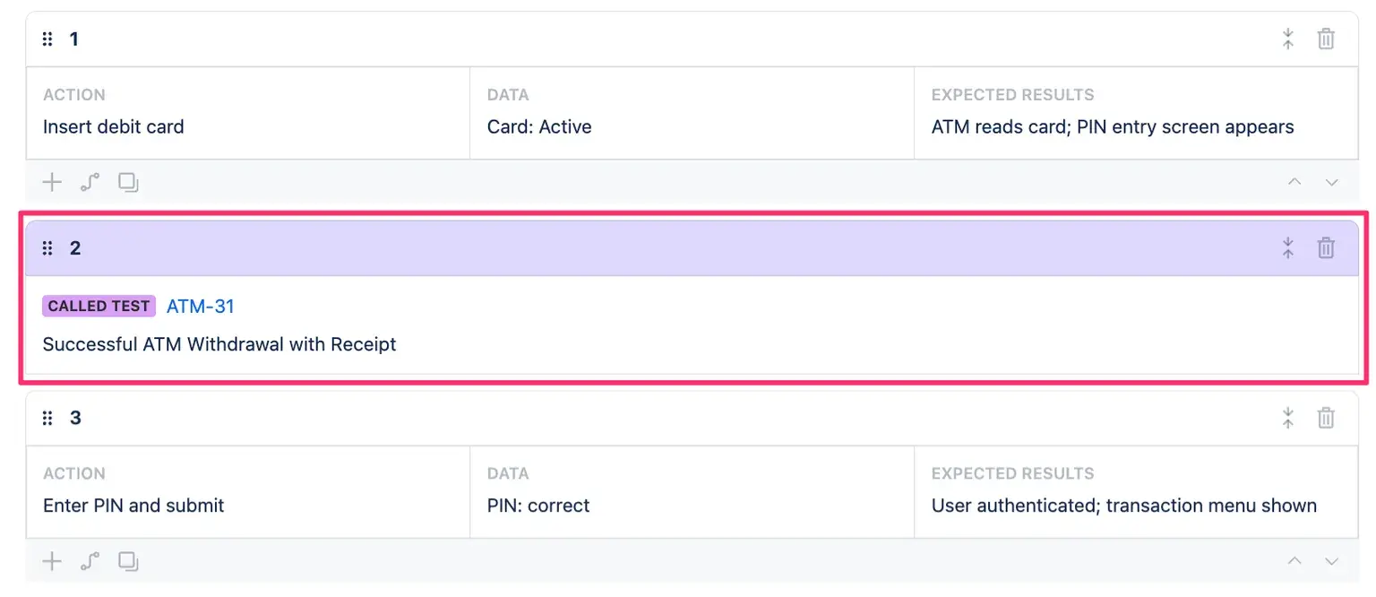 Called Test is coloured in purple for easier navigation of a Test Steps library to efficiently create test cases in Jira without duplicating effort.