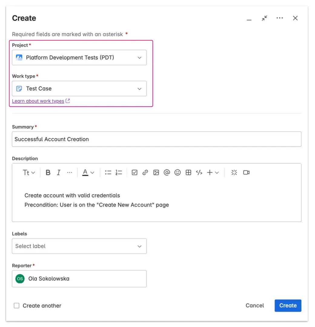 Creating a Test Case as a native Jira issue in Appsvio Test Management, showing fields like priority, status, and linked requirements.