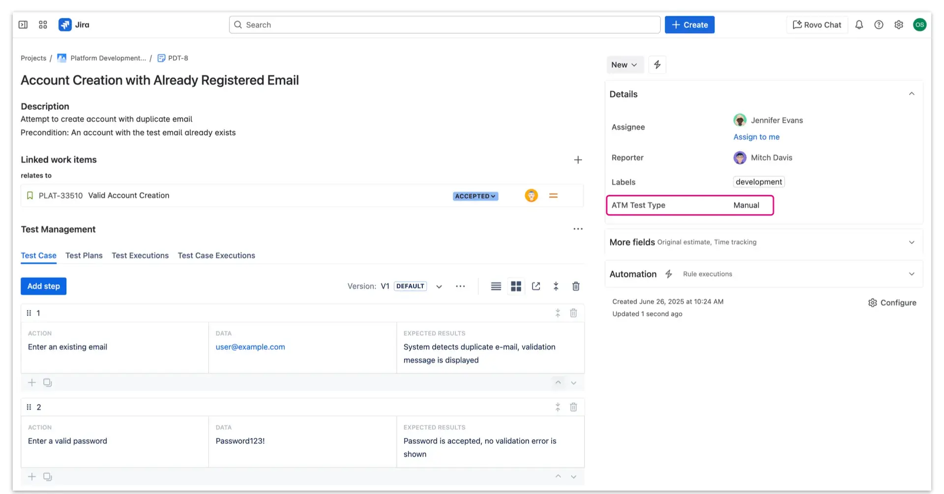 The Test Case issue view in Jira, displaying the Test Management panel alongside native Jira functionalities and custom fields.