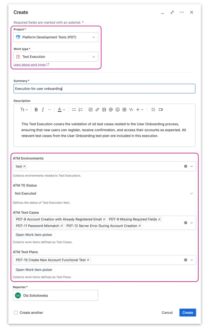 Creating a Jira Test Execution as a native issue with Appsvio Test Management - native Create dialog with test management custom fields.