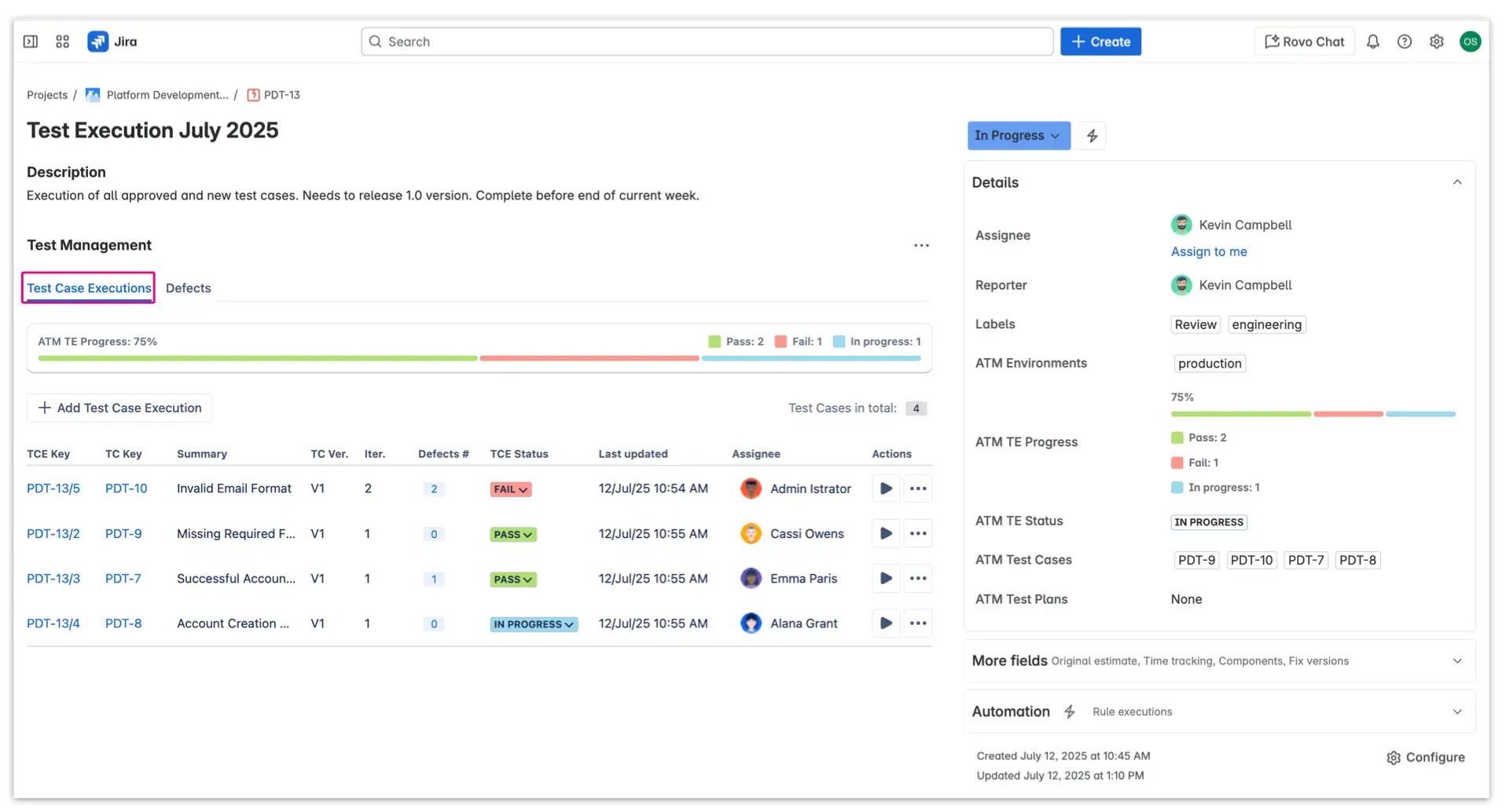 Test Execution tab view with a list of Test Case Executions, including their statuses, assignees, and summaries, all with a native Jira UI.