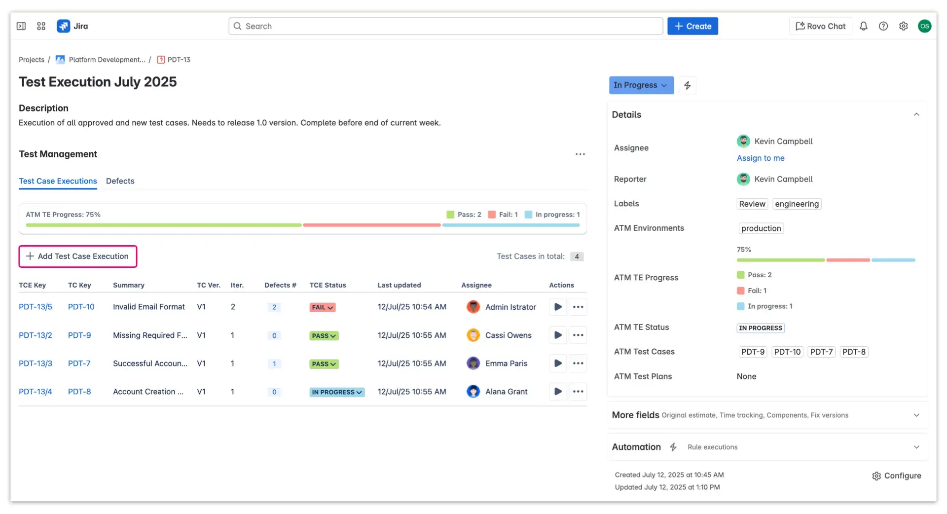 Adding a Test Case Execution item from a button in Jira Test Execution native issue.
