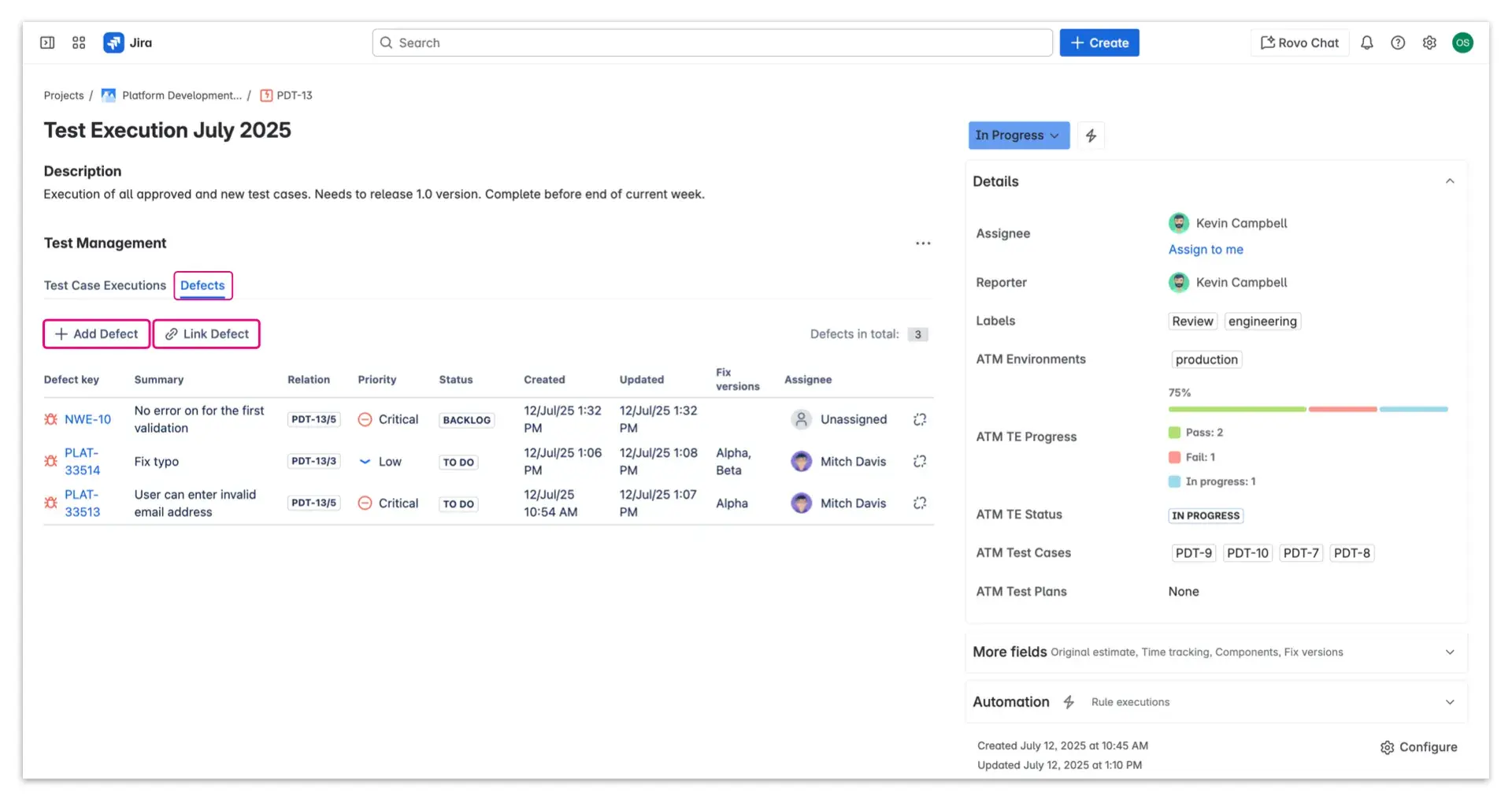 Defects tab in Jira Test Execution with a list of natively linked Defects and a possibility of adding new or linking existing Defects.