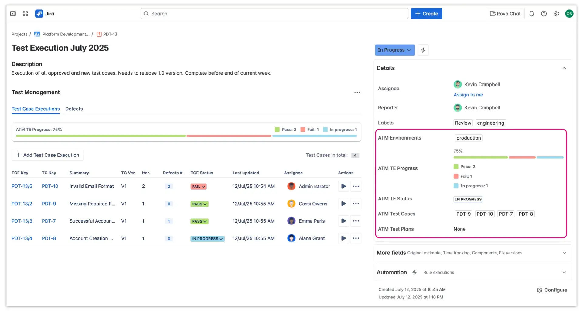 ATM custom fields in Jira Test Execution including details of Progress, Status, Test Cases, Test Plans and Environments.