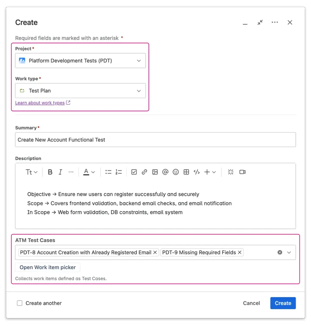 A comprehensive test plan dashboard within a Jira test management tool, showing organized folders and status updates for software testing.