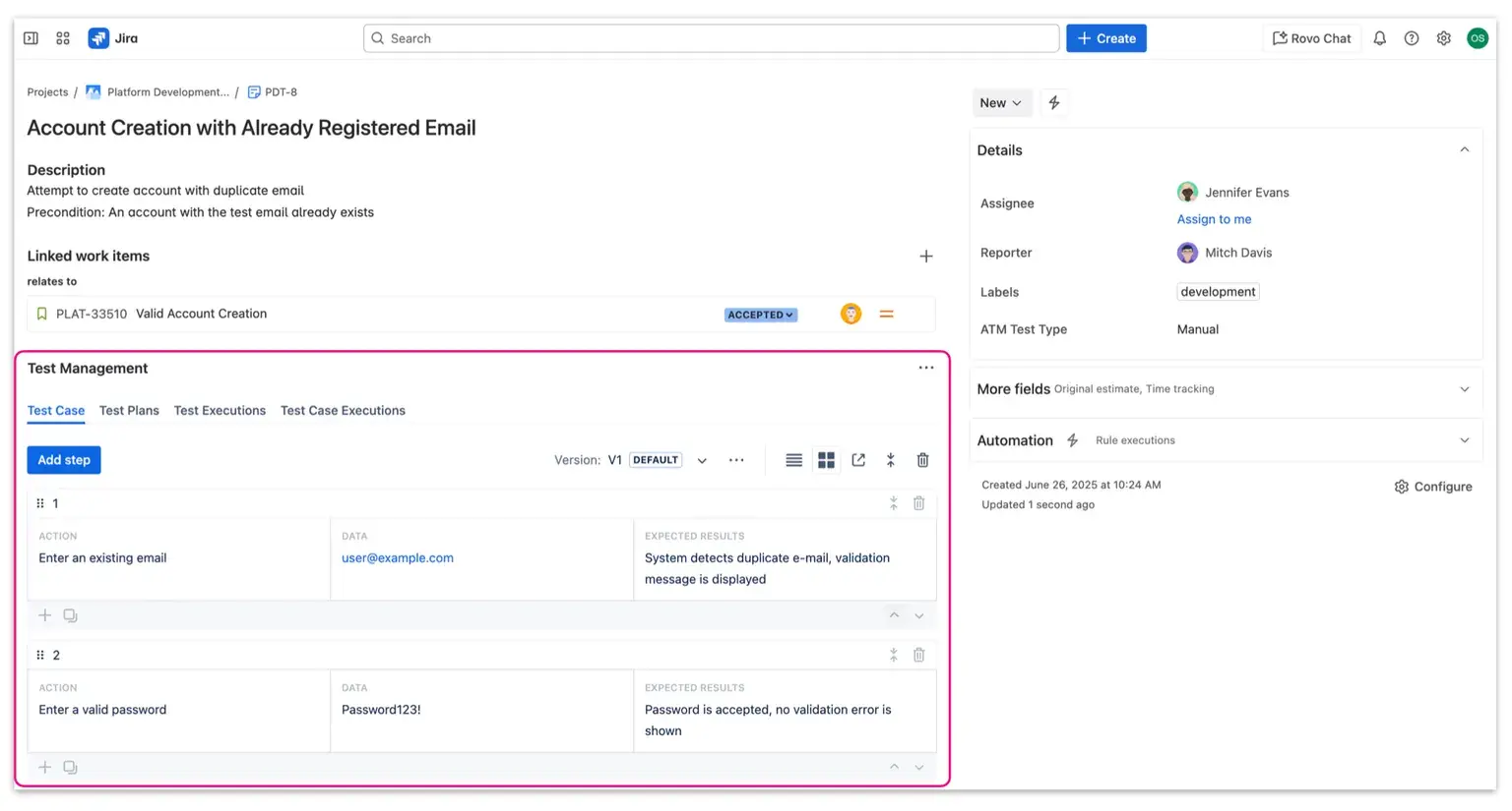 Interface for adding steps to a test case, defining the specific action and expected result for each sequence.