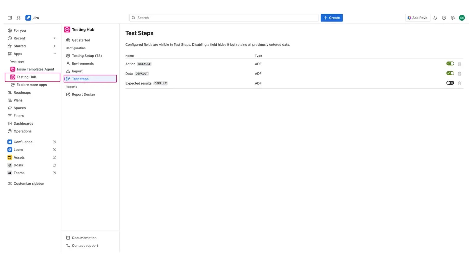 Test Steps customization in Appsvio Test Management tool, showing the integrated editor.