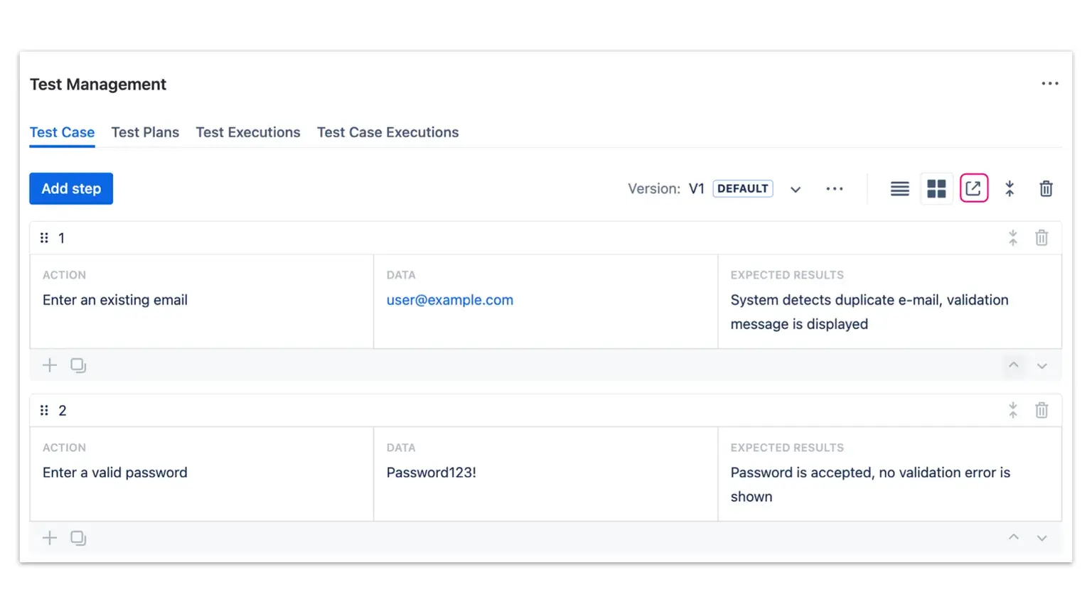 Opening Test Steps in separate dialog window in order to add detailed data parameters and attachments to steps while writing test cases in Jira.