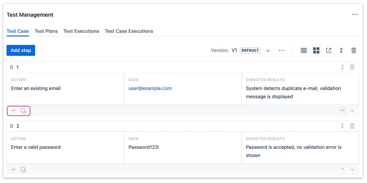 Adding or duplicating a Test Step in Appsvio Test Managememt - functionality available at every Test Step.