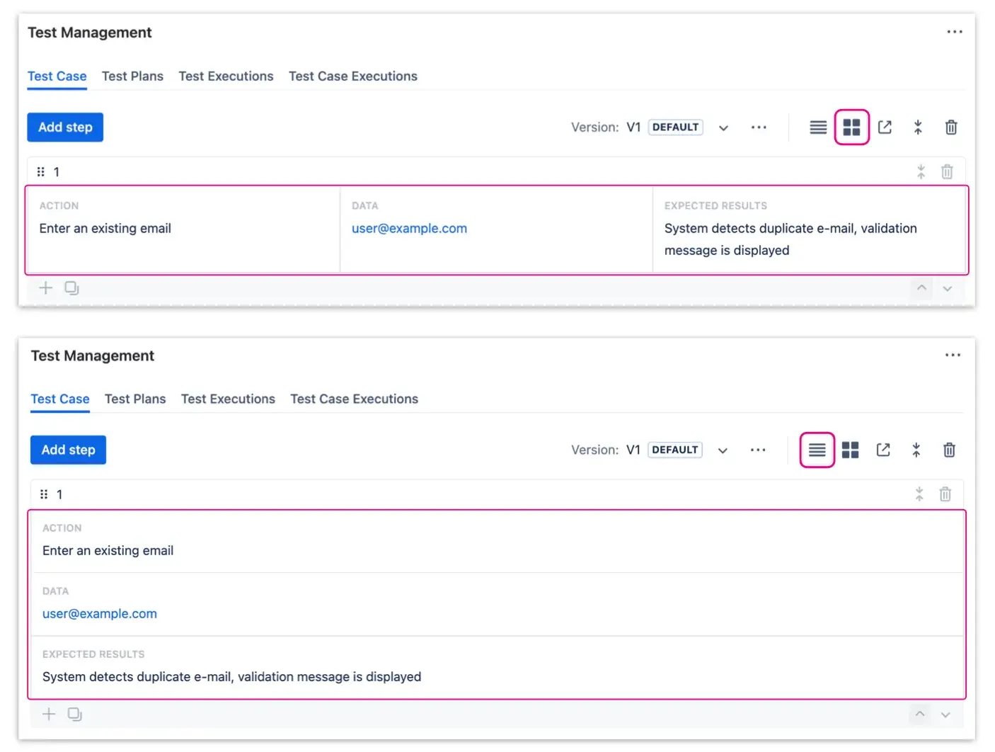Horizontal or vertical Test Steps views for easier editing multiple steps to streamline the process of writing test cases in Jira at scale.