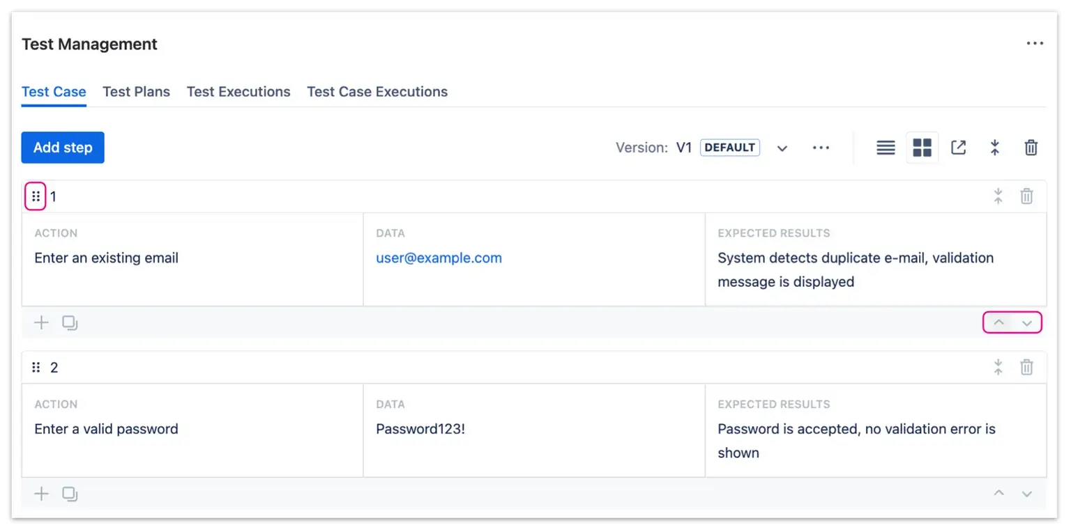 Changing the order of Test Steps with corresponding buttons - available at every Test Step.