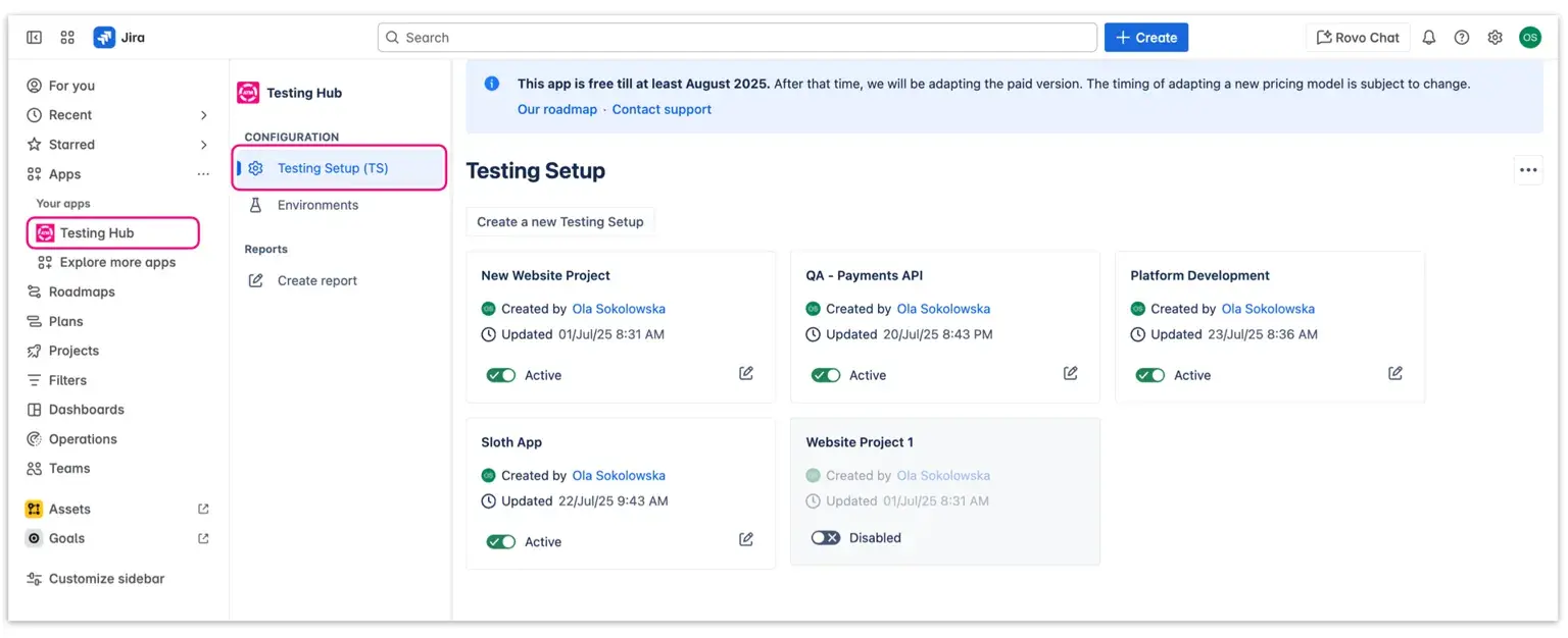 The apps management screen in Jira showing the installed Jira testing tool and Testing Project configuration page.