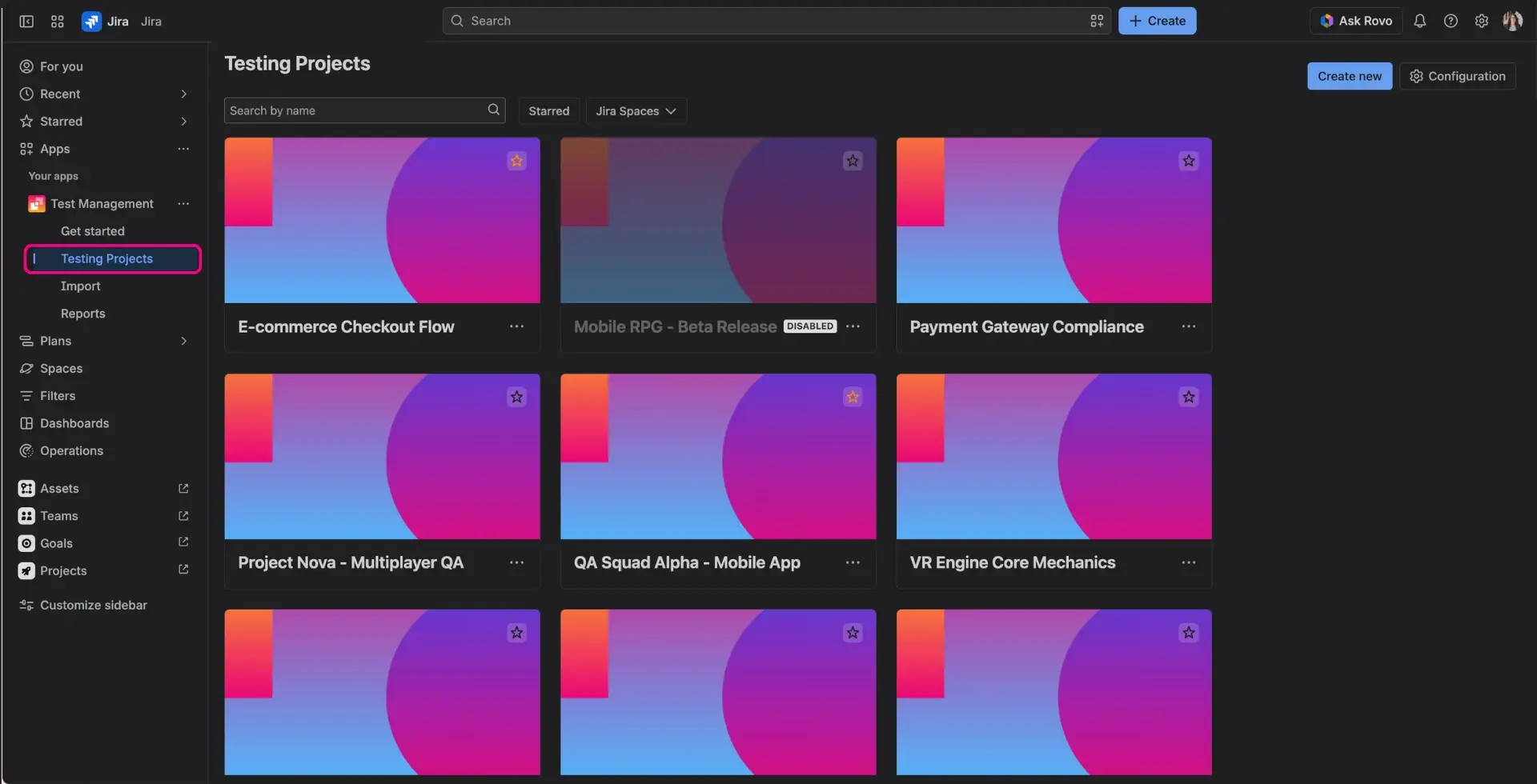 The Testing Projects list in the Testing Hub, displaying an alphabetical list of configurations with search, filtering options, and a Create new button.
