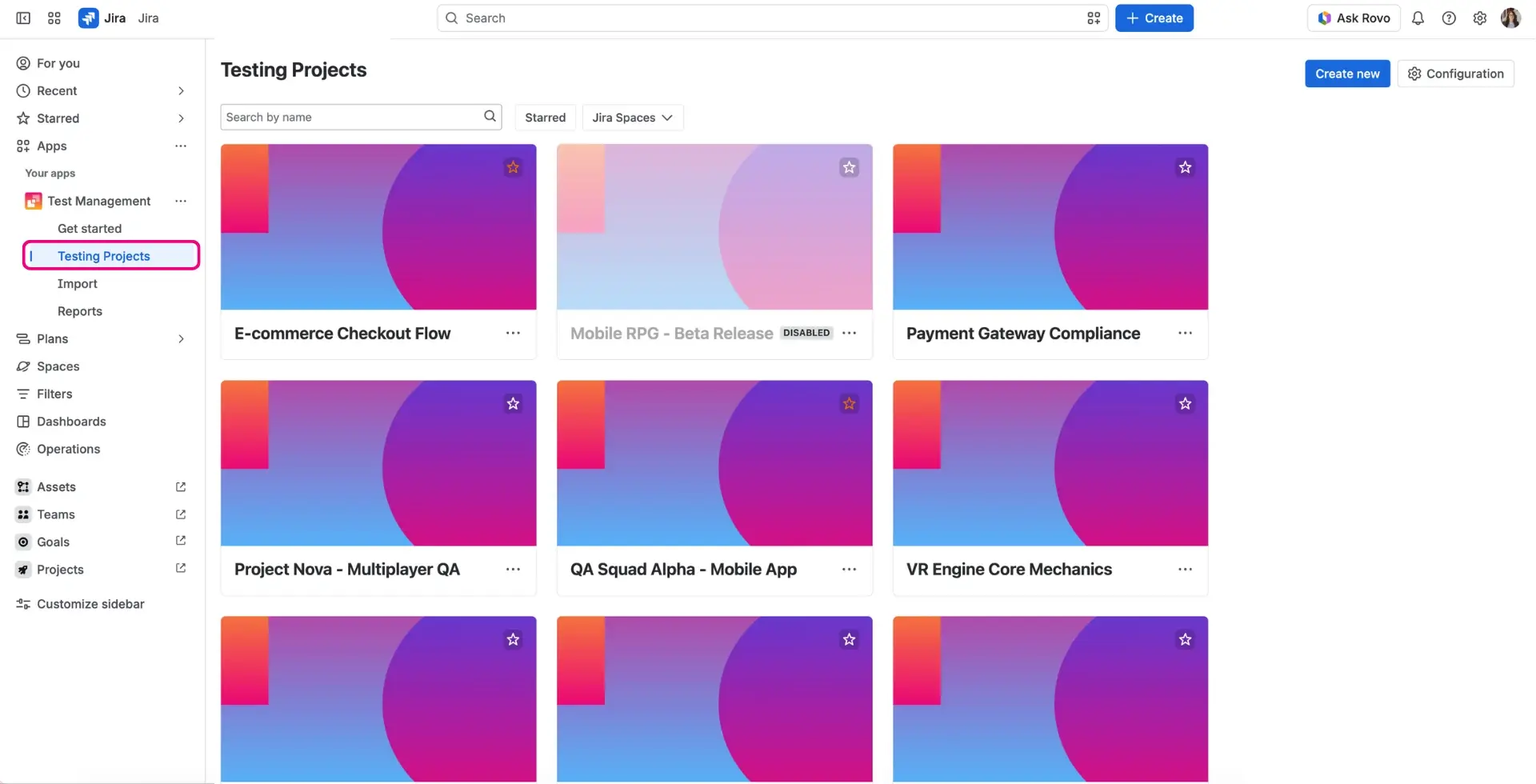 The Testing Projects list in the Testing Hub, displaying an alphabetical list of configurations with search, filtering options, and a Create new button.