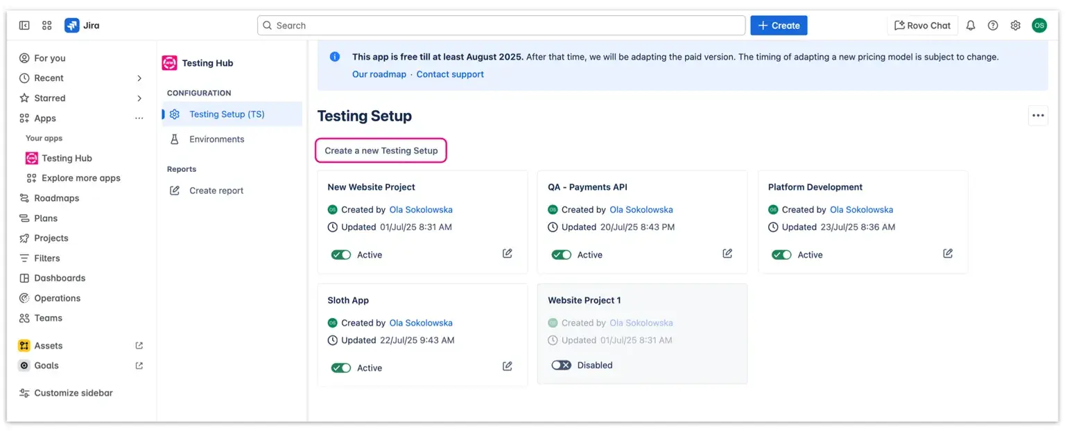 Test Project page in the Testing Hub of Appsvio Test Management tool - creating a new Testing Project.