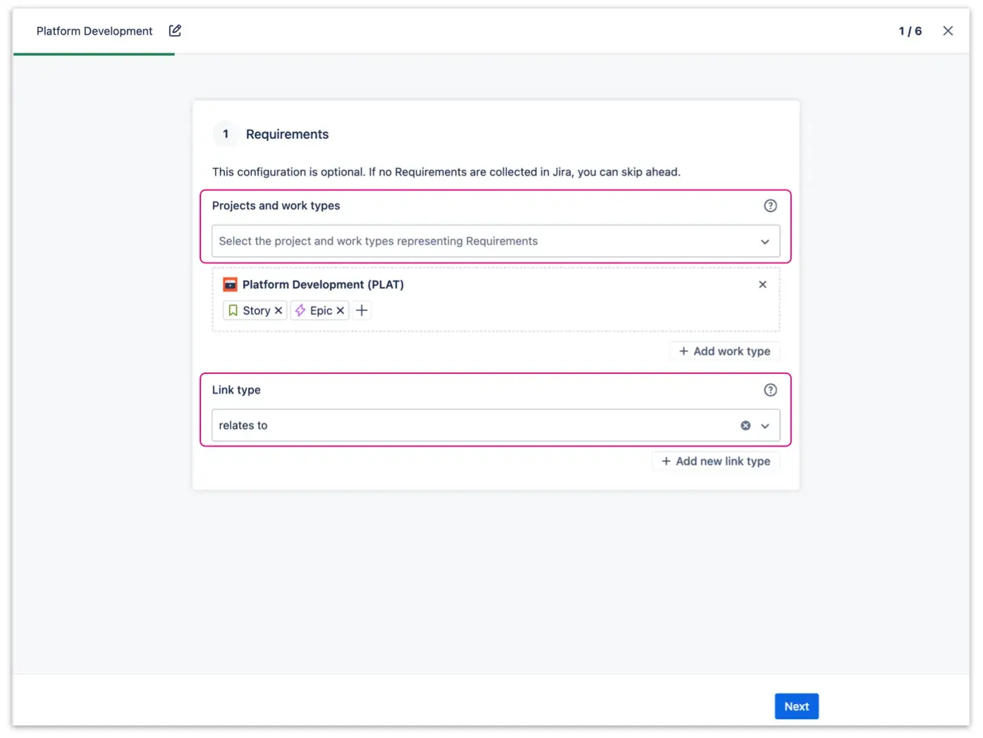 Screen for defining issue types and link types within the Jira testing tool - testing Requirements section.