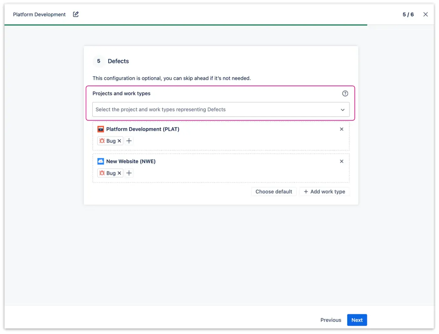 Screen for defining issue types within the Jira testing tool - Defects section.