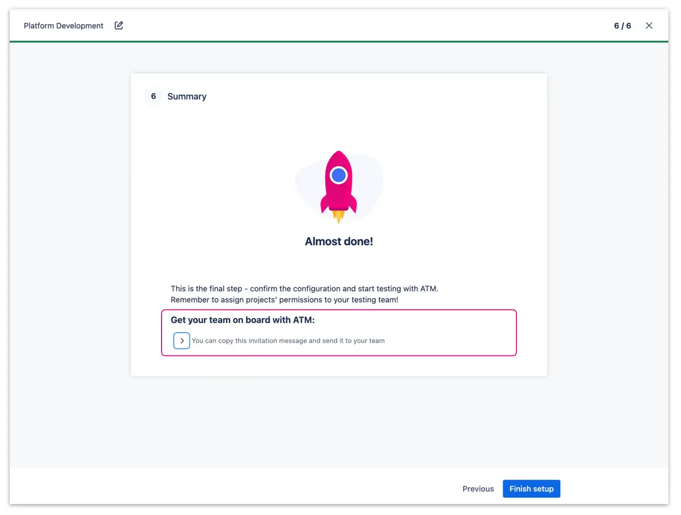 Final summary screen of Testing Project configuration within Appsvio Test Management tool.