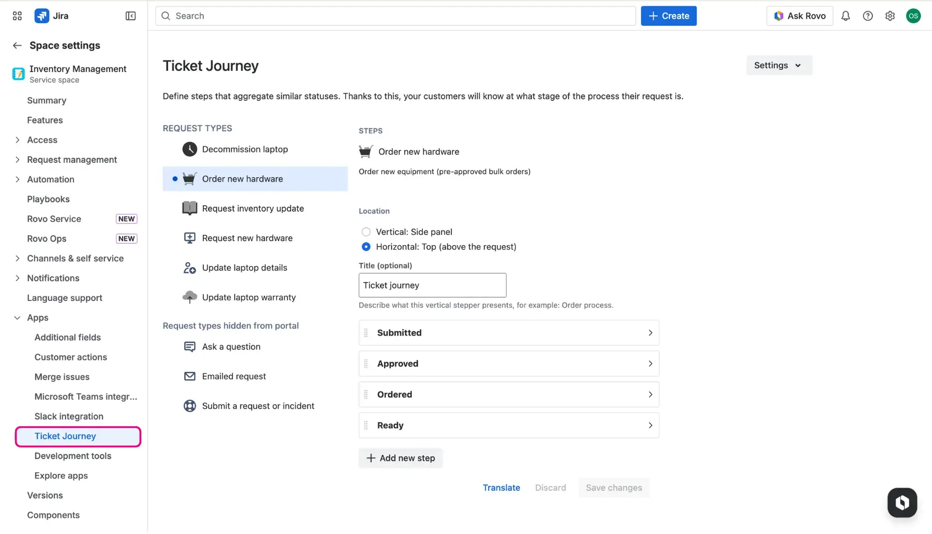Space settings - accessing the Ticket journey configuration page, available in the Apps section.