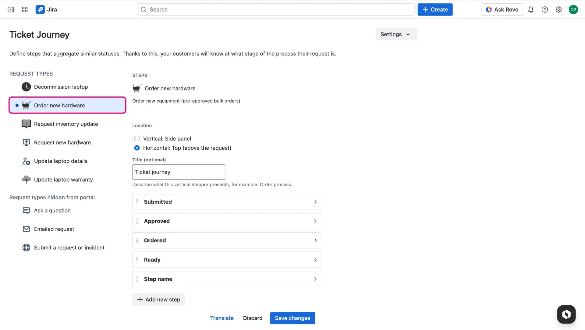Image of the Ticket journey configuration page - within the left-side panel, the request type where the functionality is configured is highlighted.