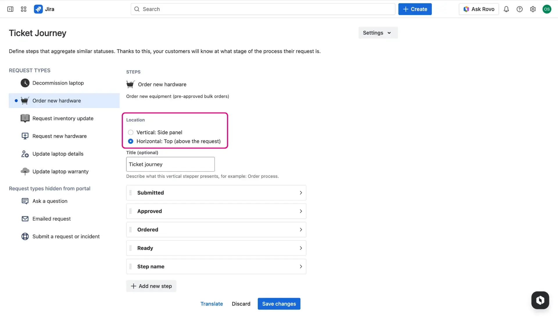 Image of the Ticket journey configuration page - configuring the placememt of the feature in the Jira Service Management customer portal, on the request details view. Users can select either the horizontal or vertical position.