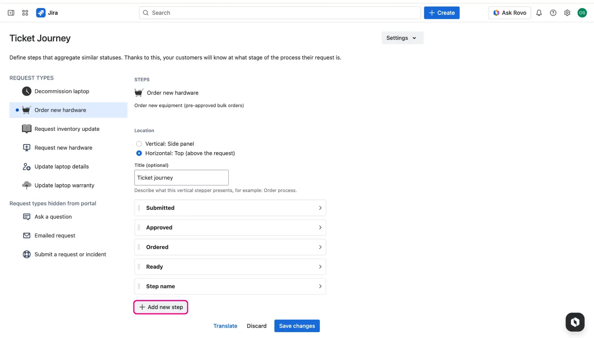 Image of the Ticket journey configuration page - Add a step button highlighted at the bottom of the page, under the already-created steps.