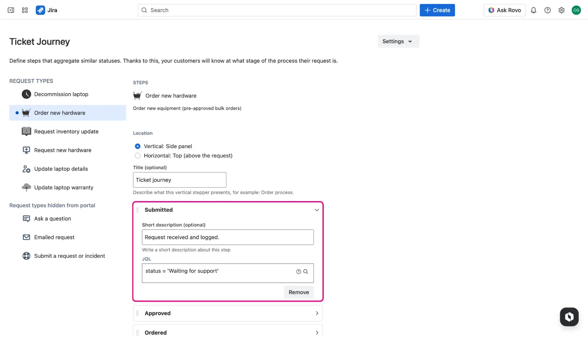 Image of the Ticket journey configuration page - configuring the steps by adding a title, description and a JQL query.
