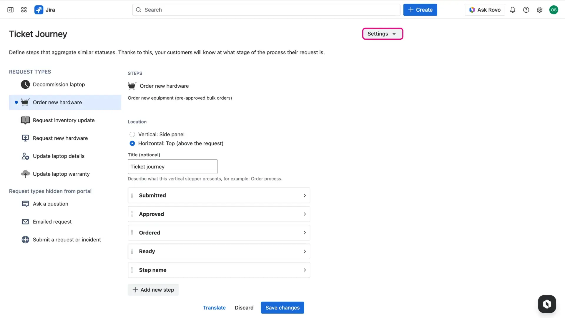 Image of the Ticket journey configuration page - Settings button highlighted, visible in the top right corner of the page.