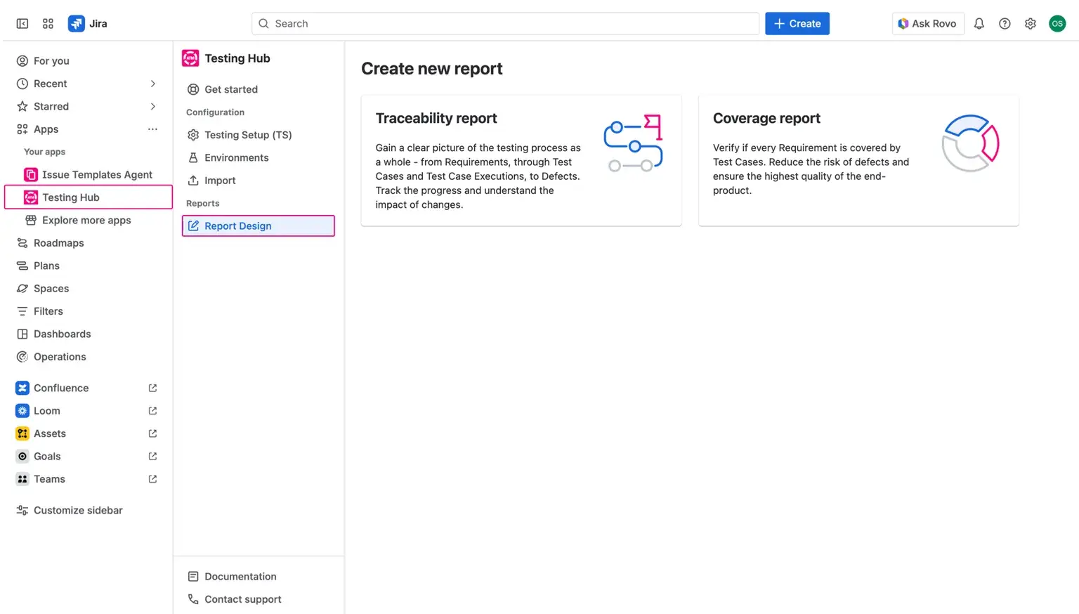 Report design page in Appsvio Test Management where users can select between a Traceability report which includes requirements traceability matrix in Jira, showing the link between high-level requirements and test cases.