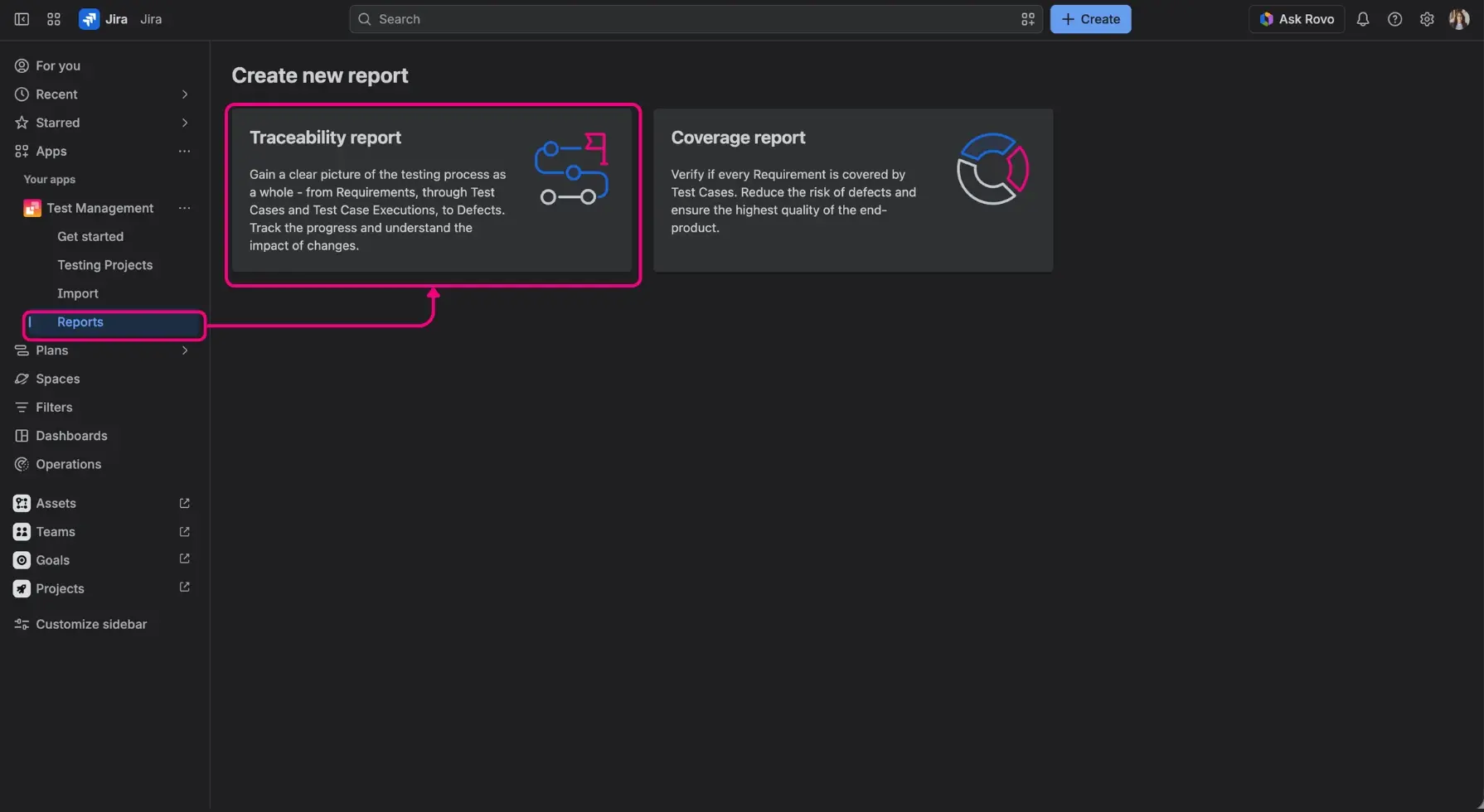 Report design page in Appsvio Test Management where users can select between a Traceability report which includes requirements traceability matrix in Jira, showing the link between high-level requirements and test cases.