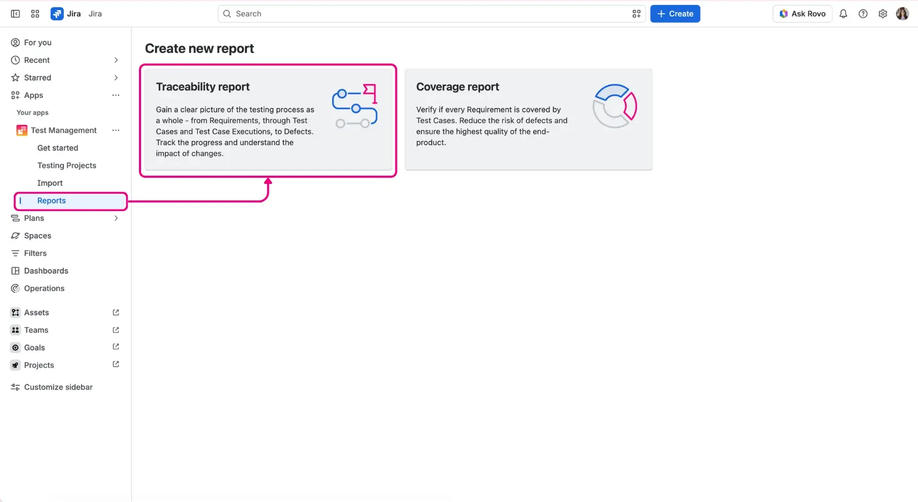 Report design page in Appsvio Test Management where users can select between a Traceability report which includes requirements traceability matrix in Jira, showing the link between high-level requirements and test cases.