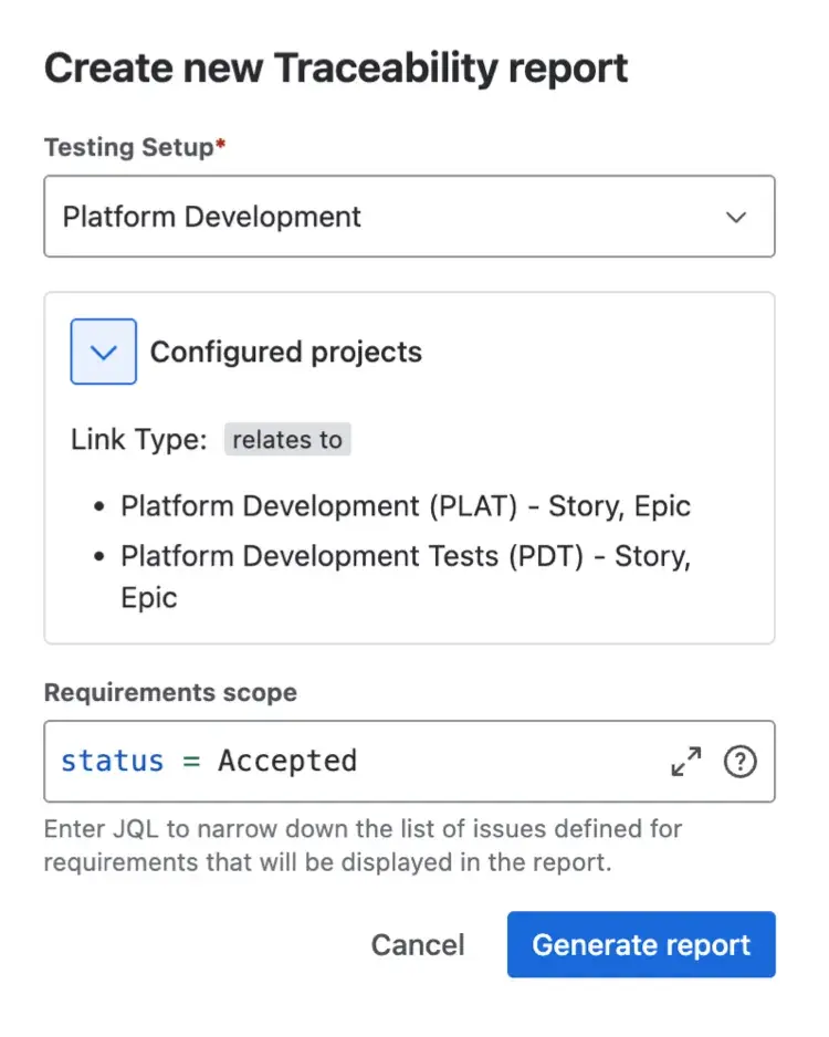 Create a new report dialog window for designing the requirements traceability matrix to identify gaps in testing.