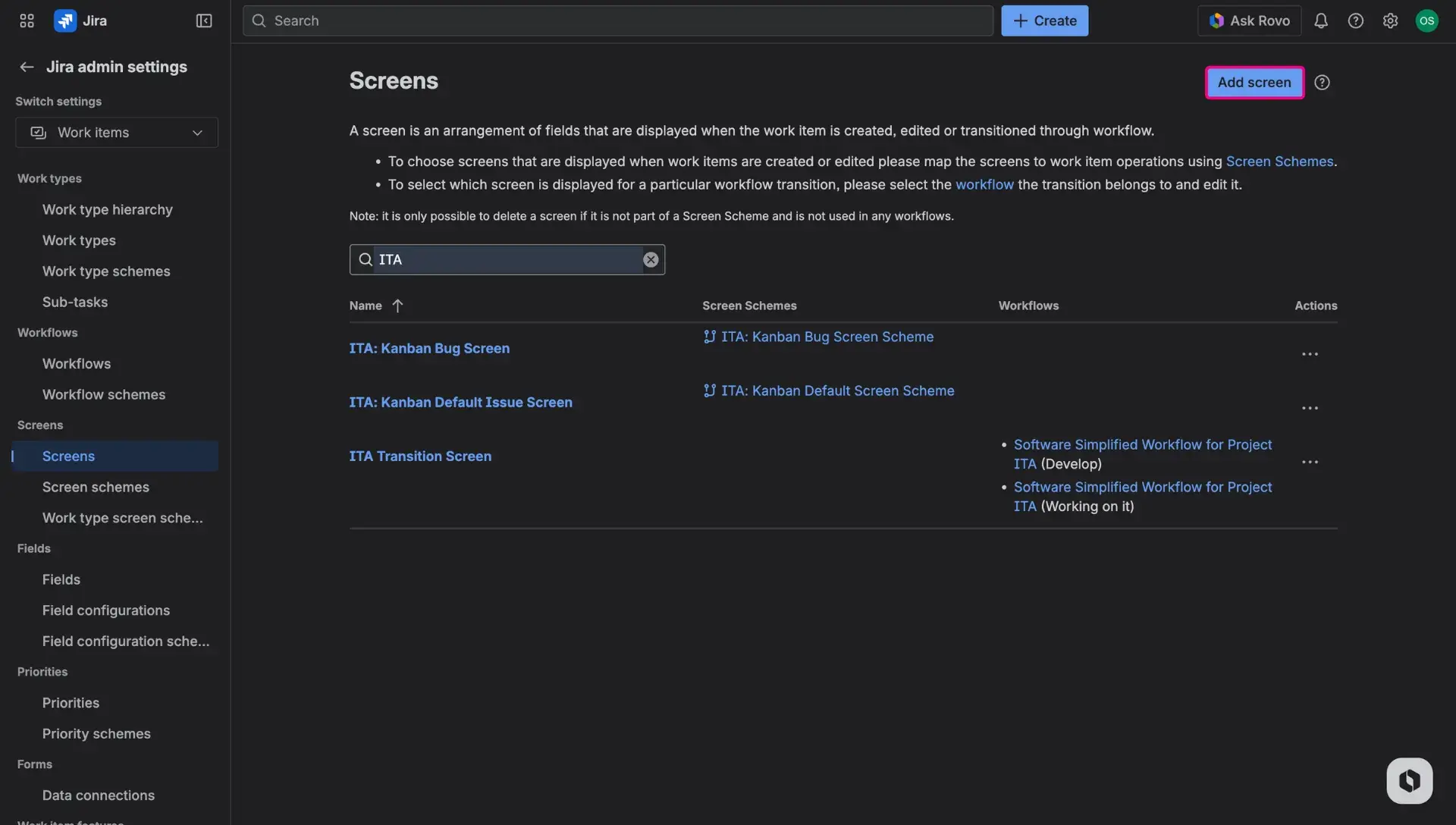 Configuring the transition screen in Jira - Screen page in Jira Settings.