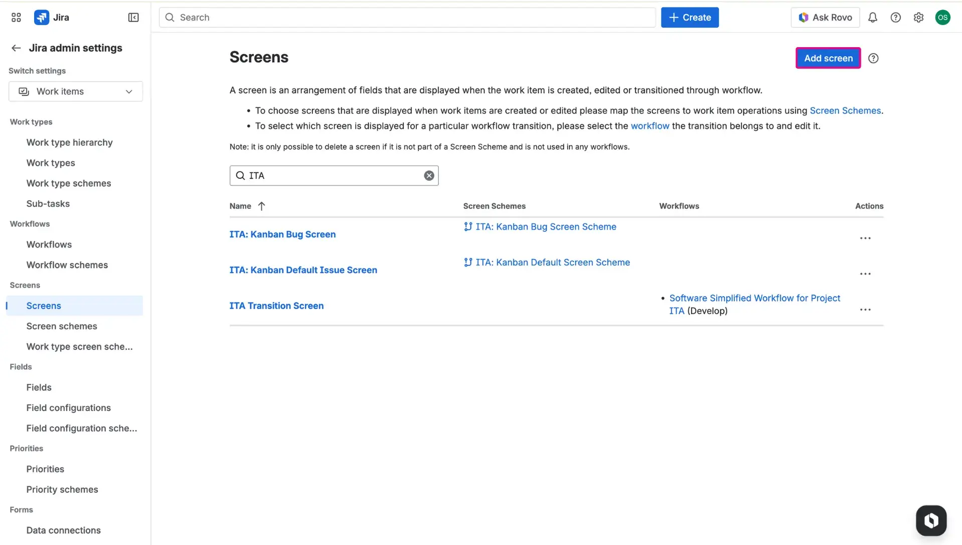 Configuring the transition screen in Jira - Screen page in Jira Settings.