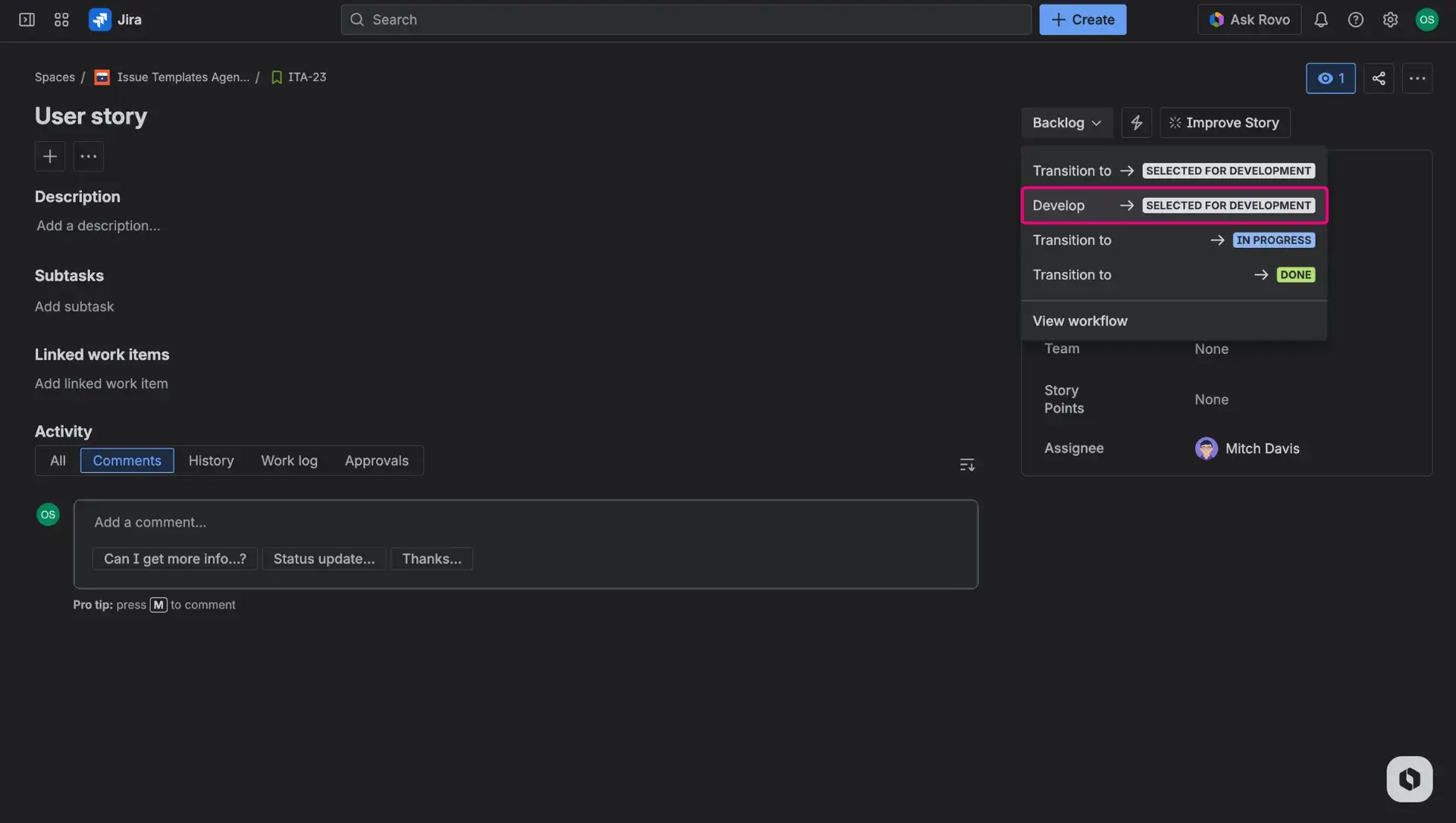 Issue view with a dropdown Status field opened - highlighted a status transition to show case the template application.