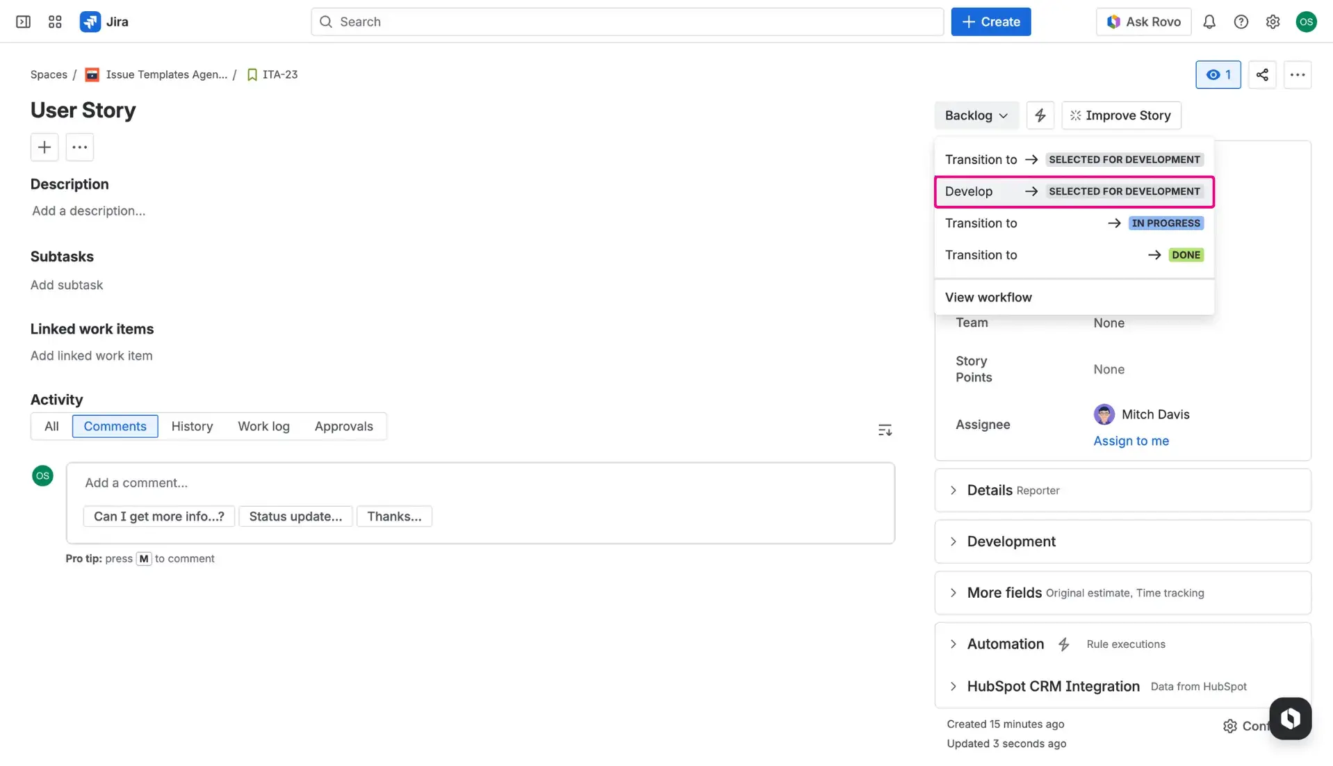 Issue view with a dropdown Status field opened - highlighted a status transition to show case the template application.