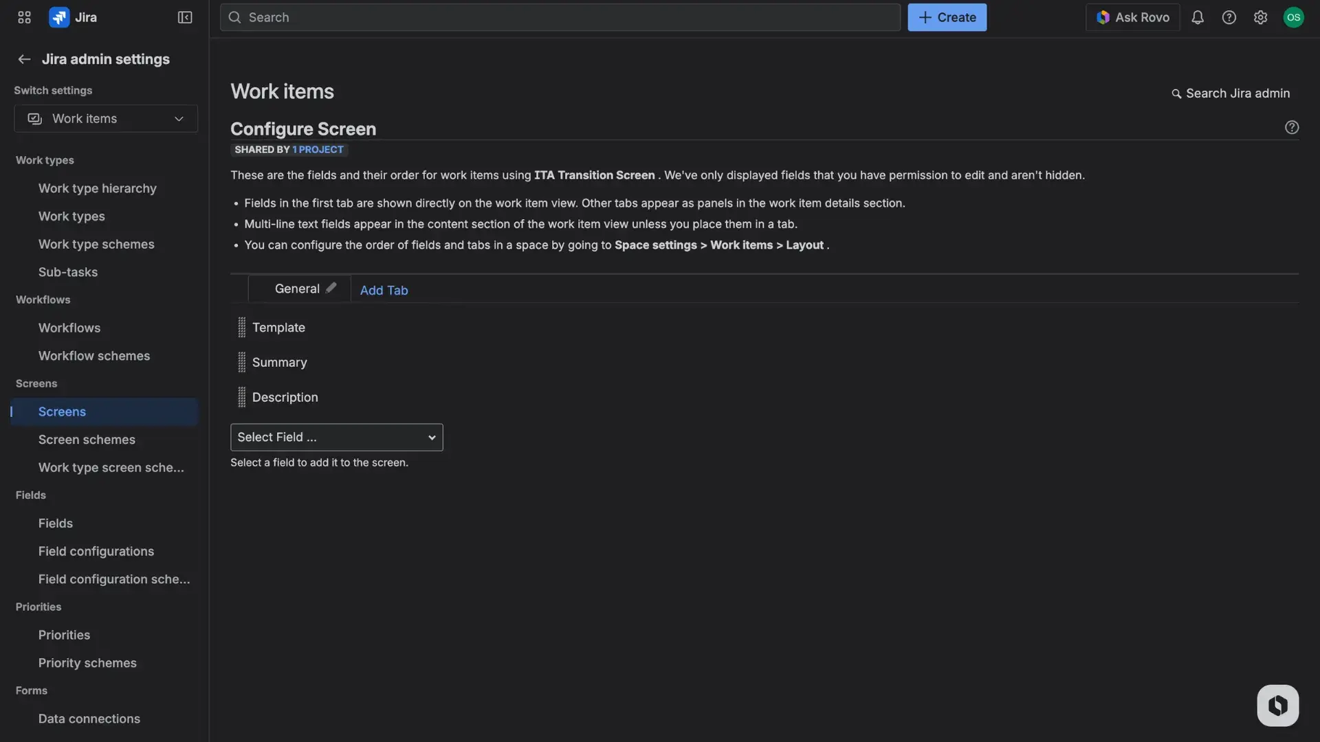 Configuring the transition screen in Jira - Screen page in Jira Settings and configuration of fields visible and editable within the created screen.