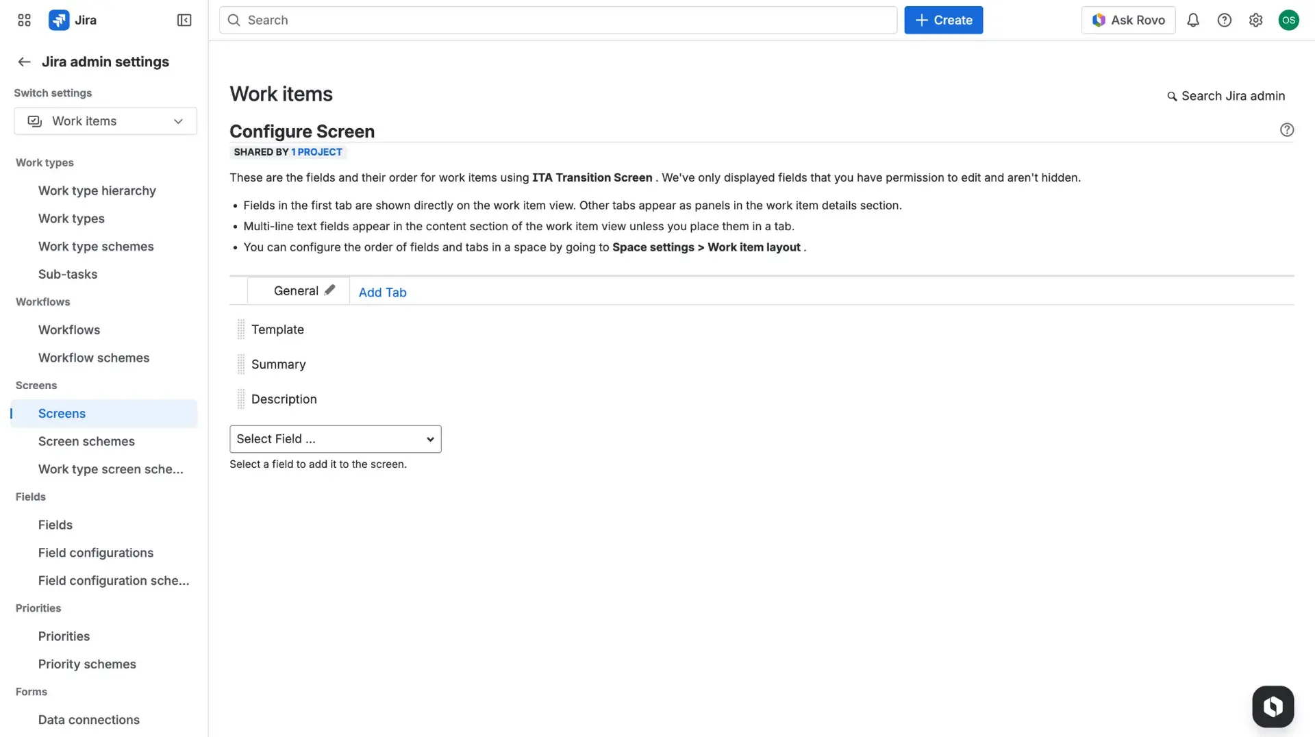 Configuring the transition screen in Jira - Screen page in Jira Settings and configuration of fields visible and editable within the created screen.