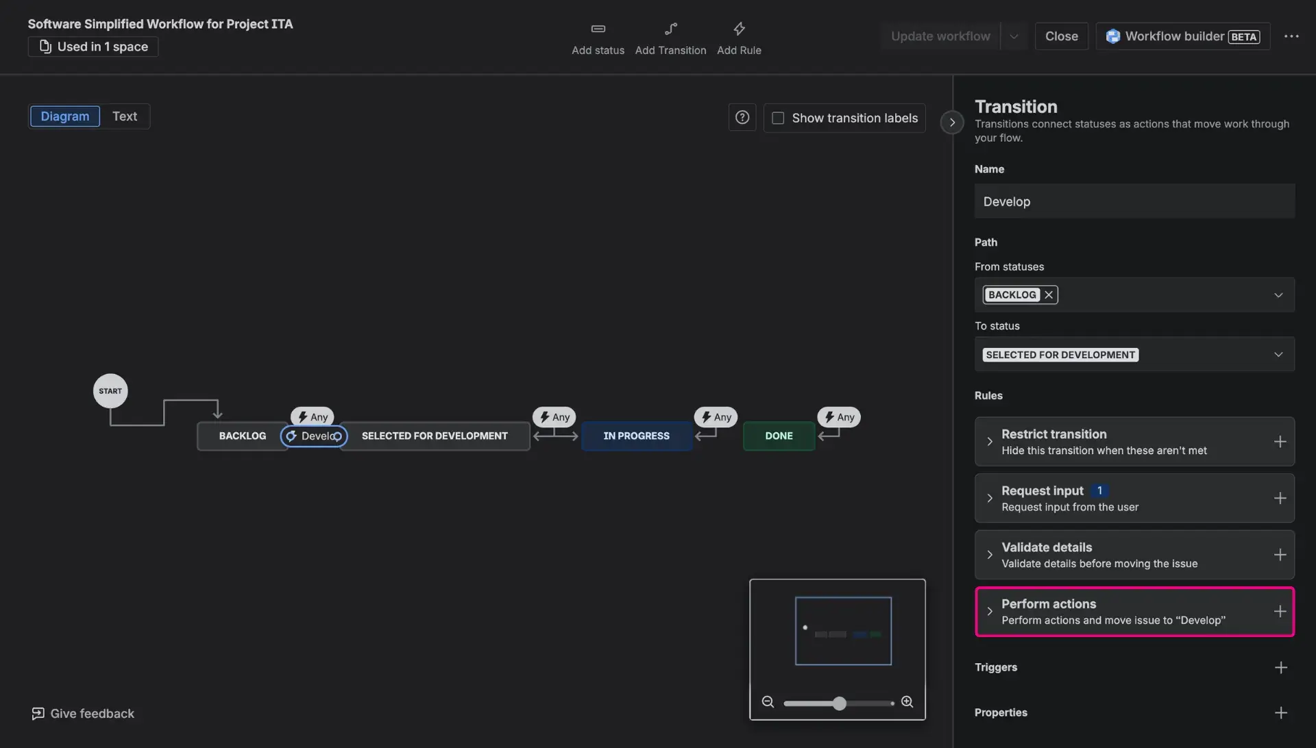 Workflow editor in Jira with a highlighted card Perform actions on teh right-side panel.