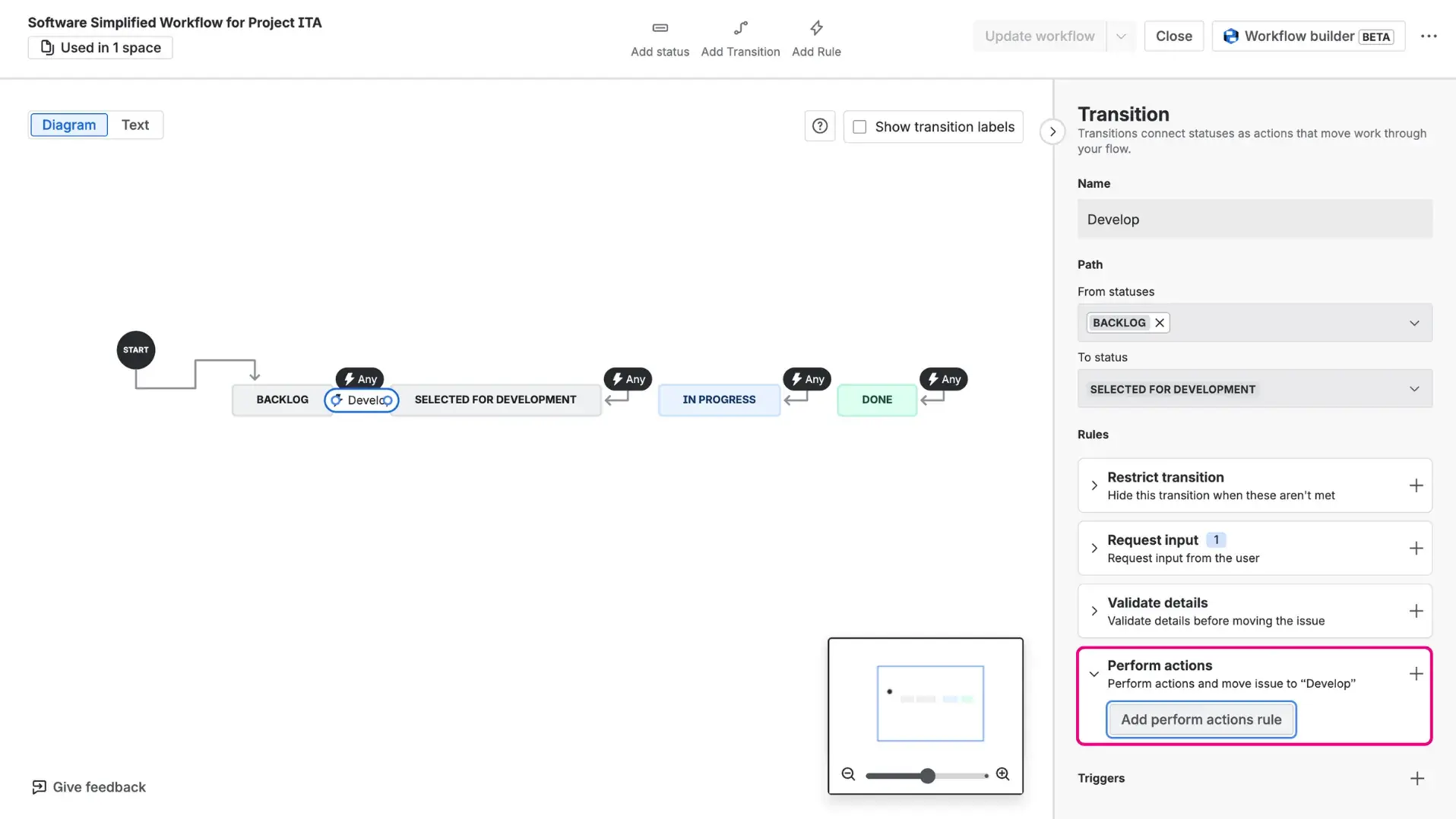 Workflow editor in Jira with a highlighted card Perform actions on teh right-side panel.