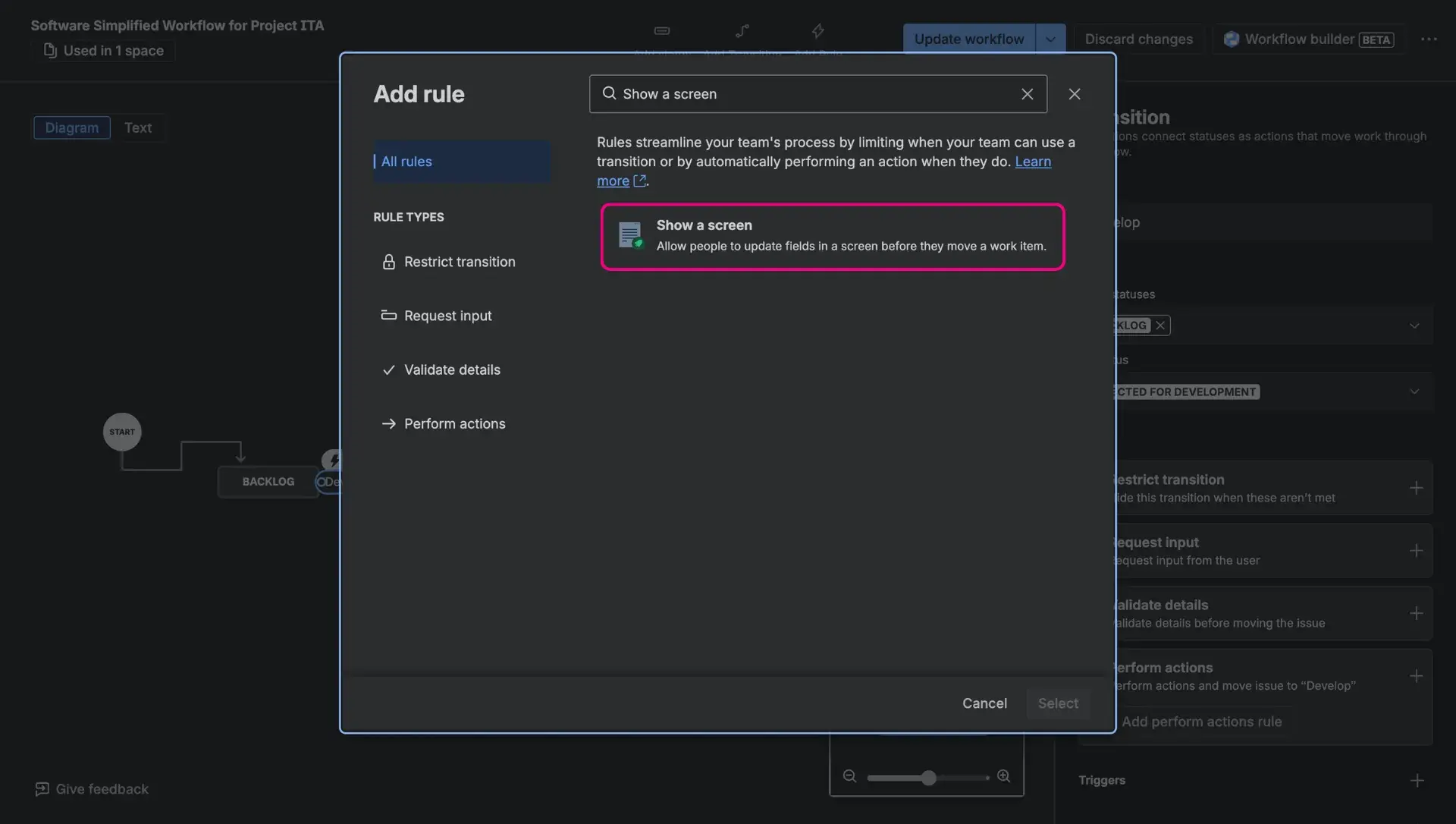 Workflow editor in Jira - Perform actions dialog window with a search query Show a screen selected.