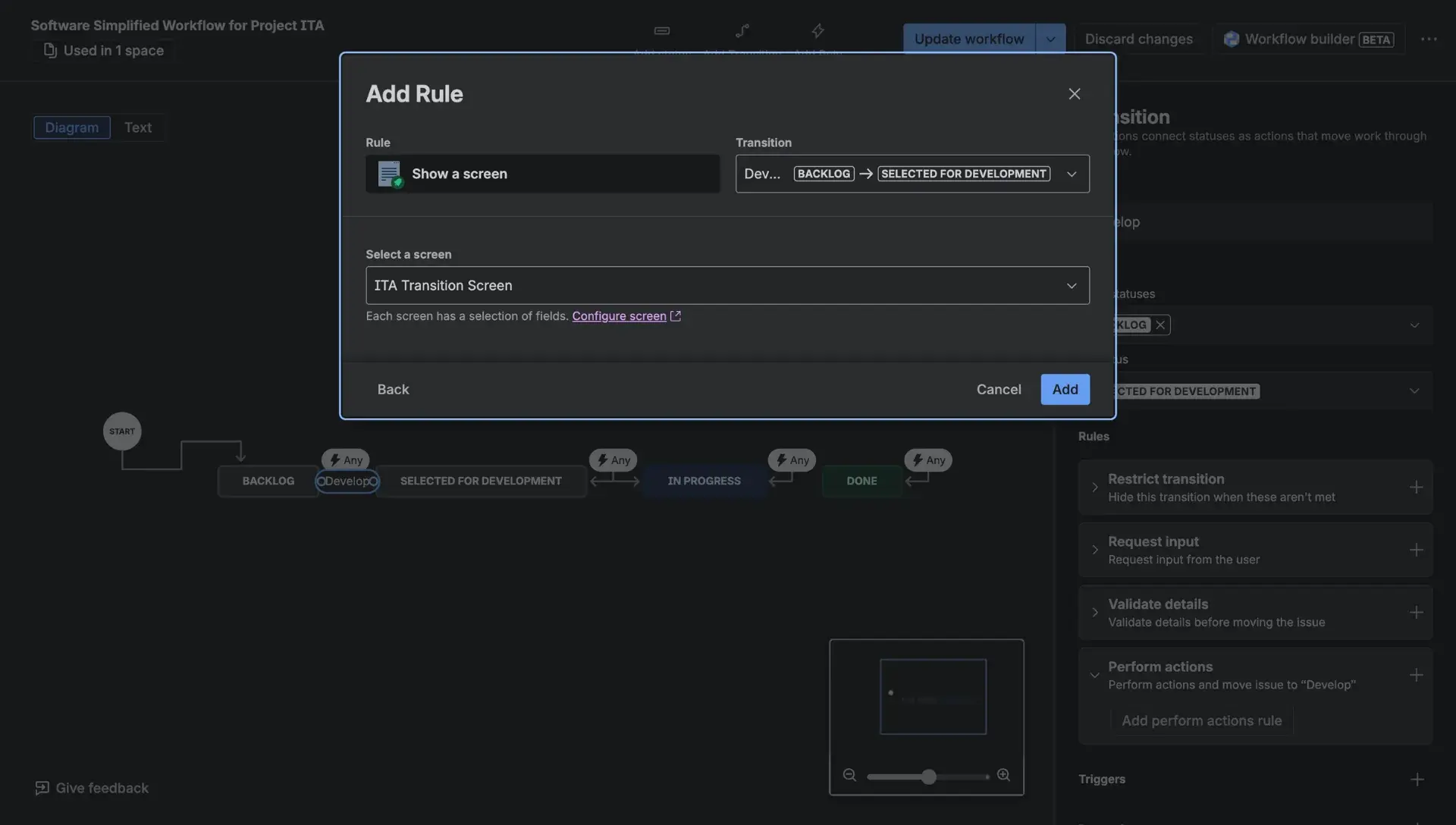 Add rule dialog window - appears after a user selects the Show a screen action. Users select the transition and which screen needs to be added in two dropdown windows.