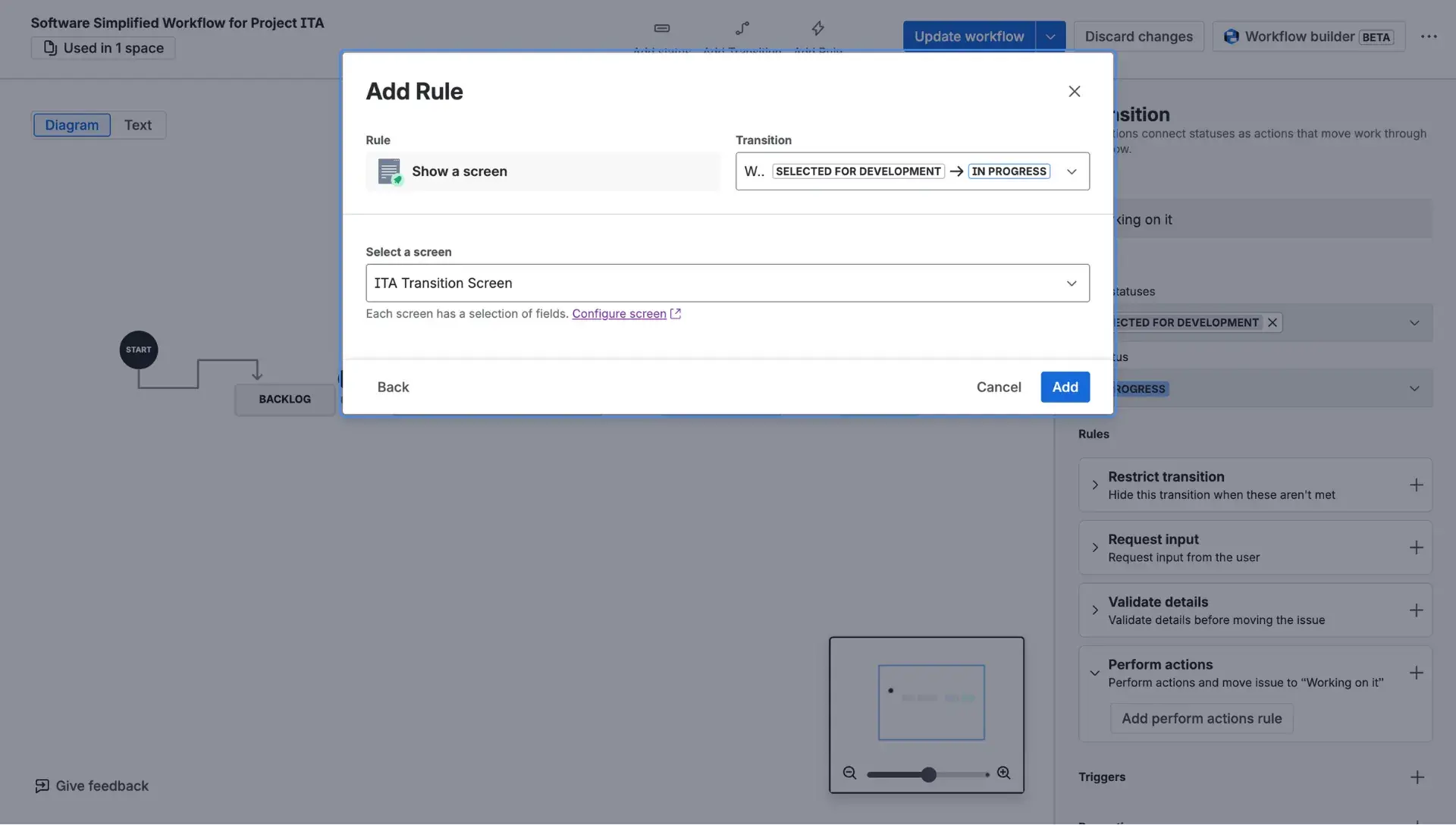Add rule dialog window - appears after a user selects the Show a screen action. Users select the transition and which screen needs to be added in two dropdown windows.